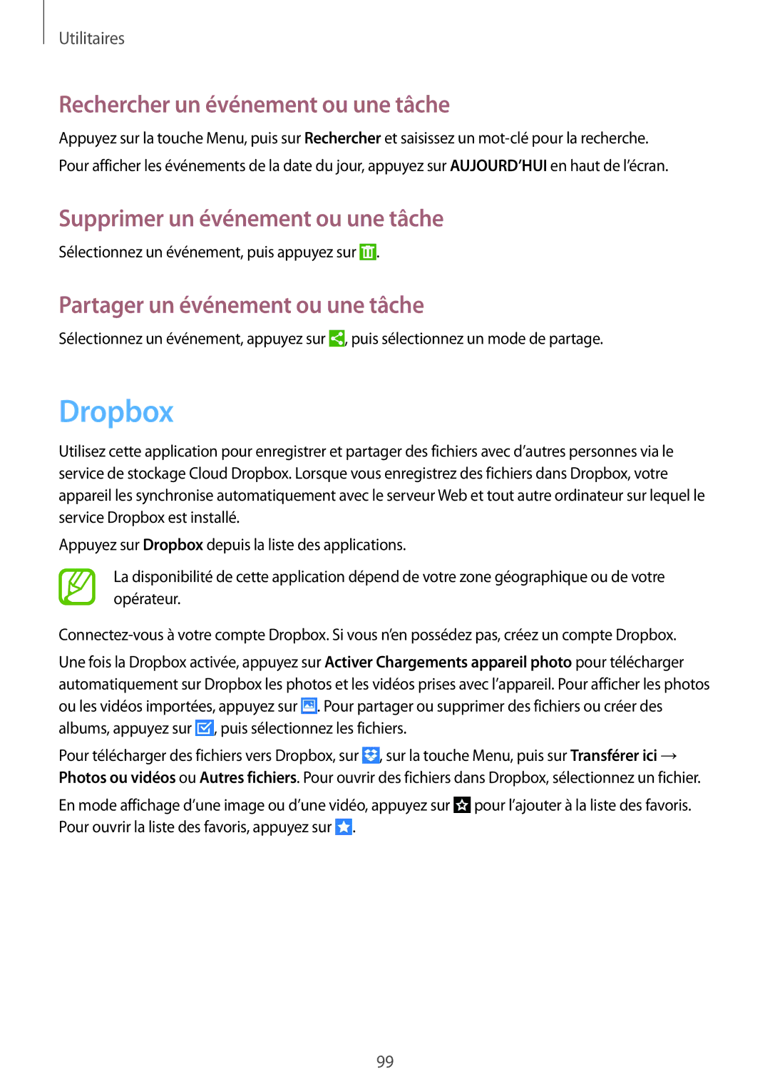Samsung GT-I9295ZAAXEF manual Dropbox, Rechercher un événement ou une tâche, Supprimer un événement ou une tâche 