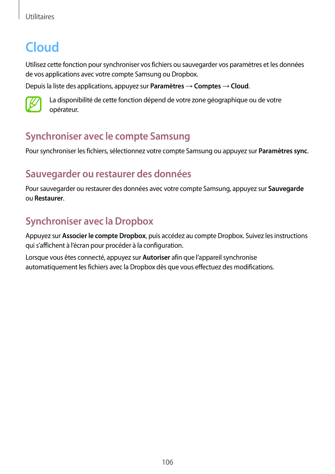 Samsung GT-I9295ZAAXEF manual Cloud, Synchroniser avec le compte Samsung, Sauvegarder ou restaurer des données 