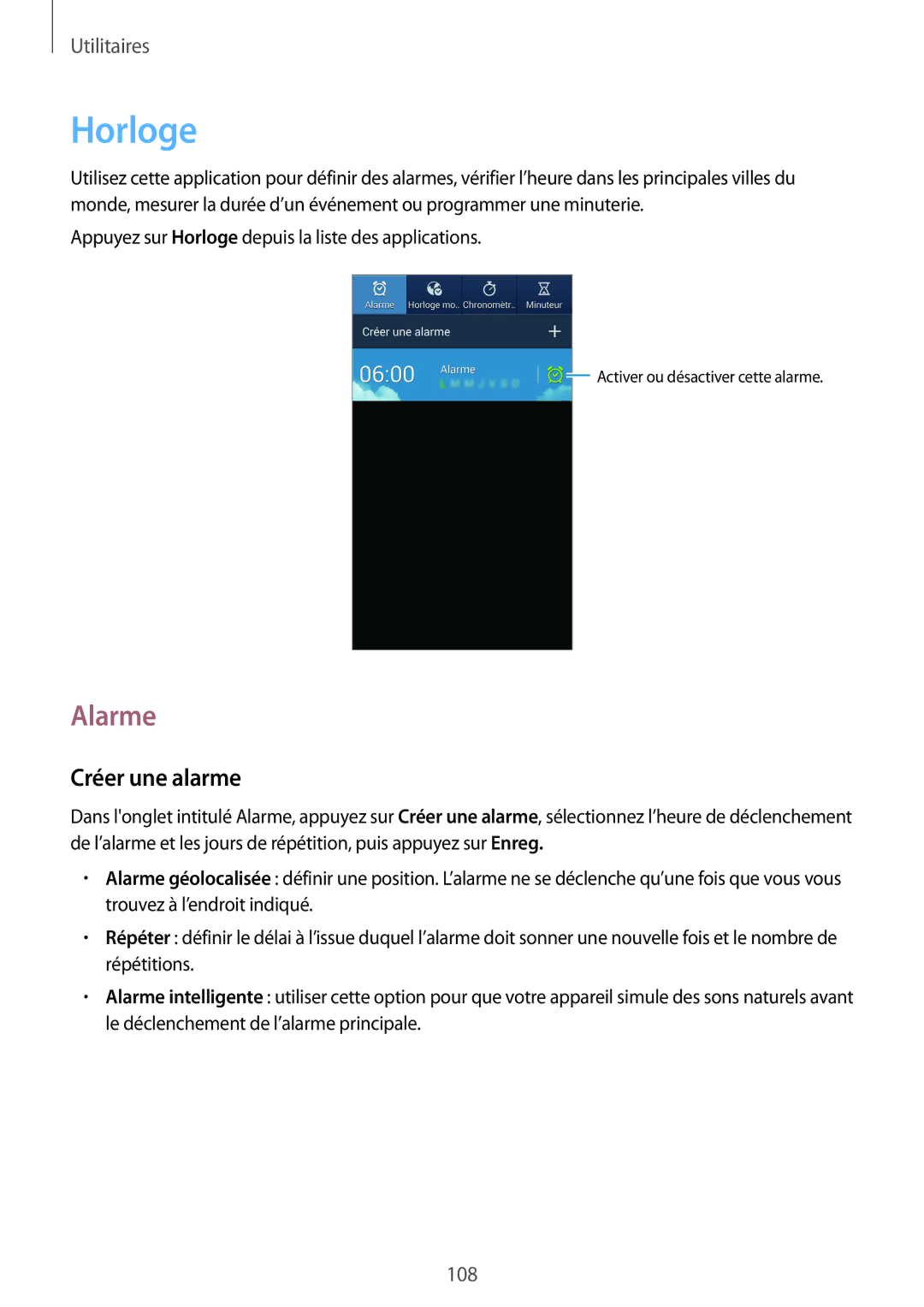 Samsung GT-I9295ZAAXEF manual Horloge, Alarme, Créer une alarme 