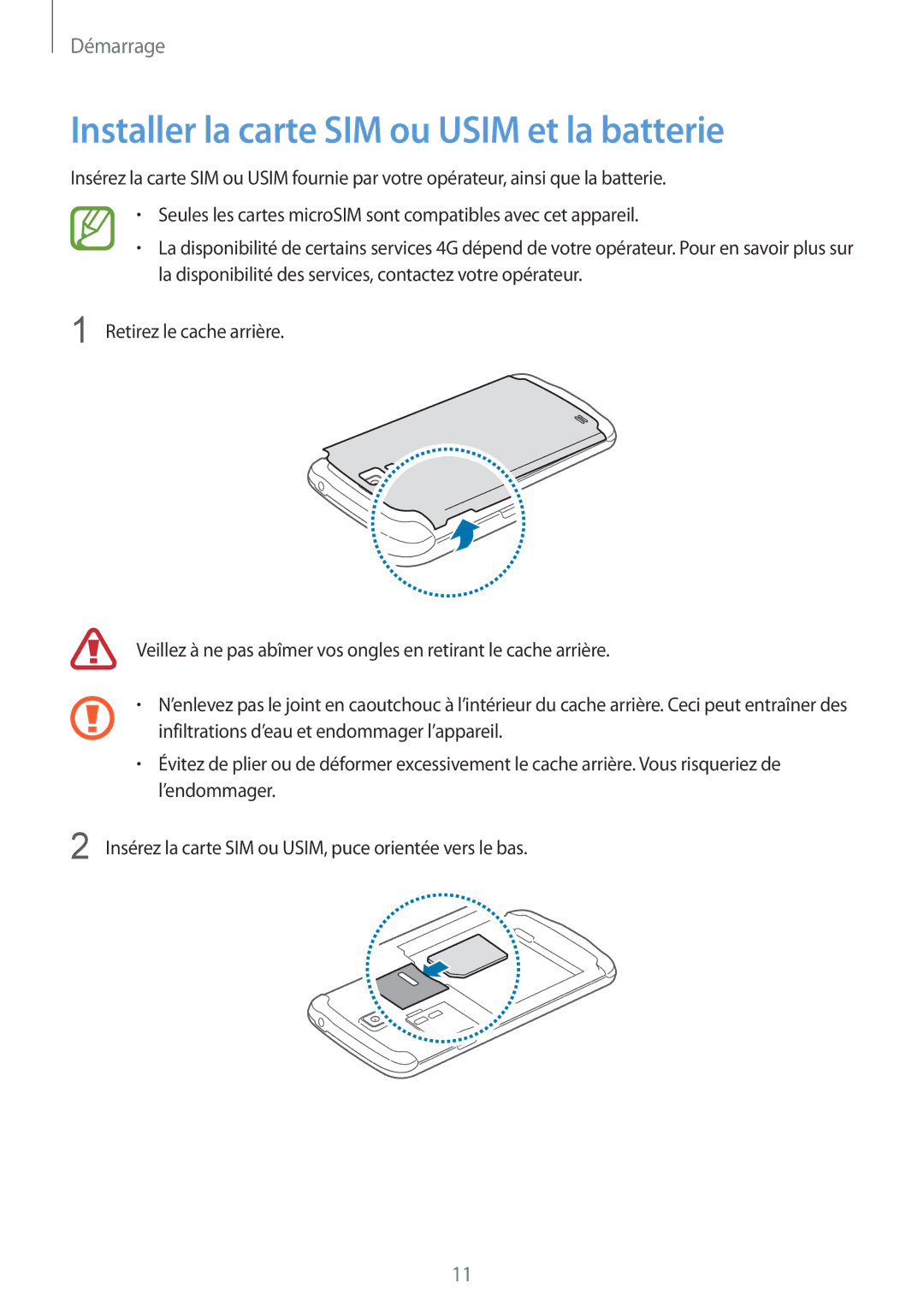 Samsung GT-I9295ZAAXEF manual Installer la carte SIM ou Usim et la batterie 