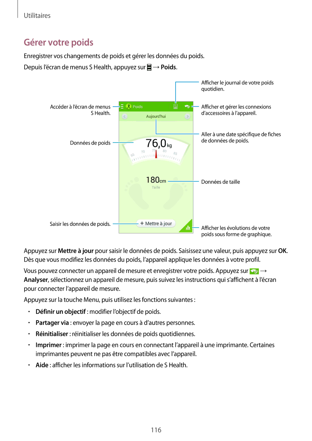 Samsung GT-I9295ZAAXEF manual Gérer votre poids 