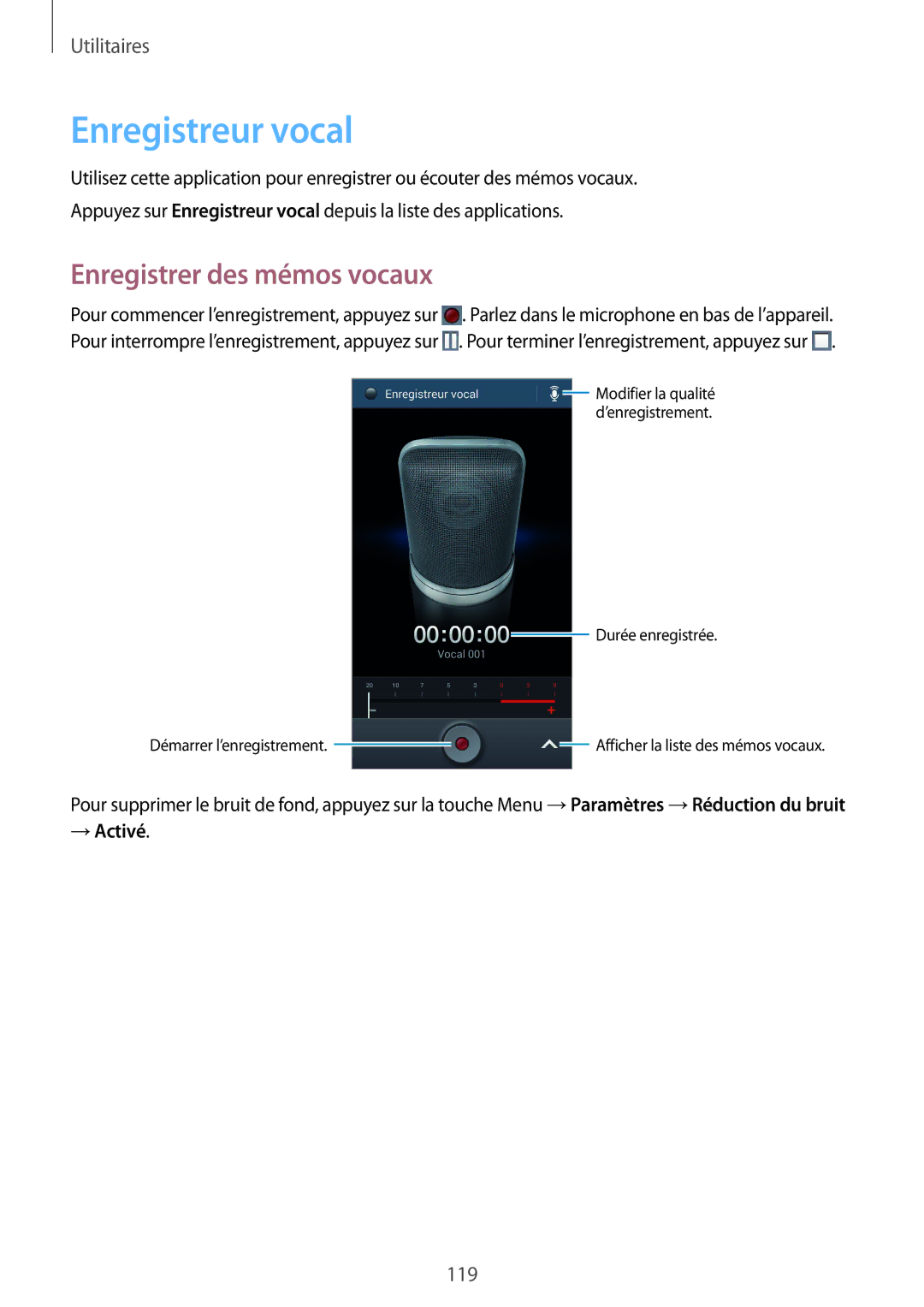 Samsung GT-I9295ZAAXEF manual Enregistreur vocal, Enregistrer des mémos vocaux, → Activé 