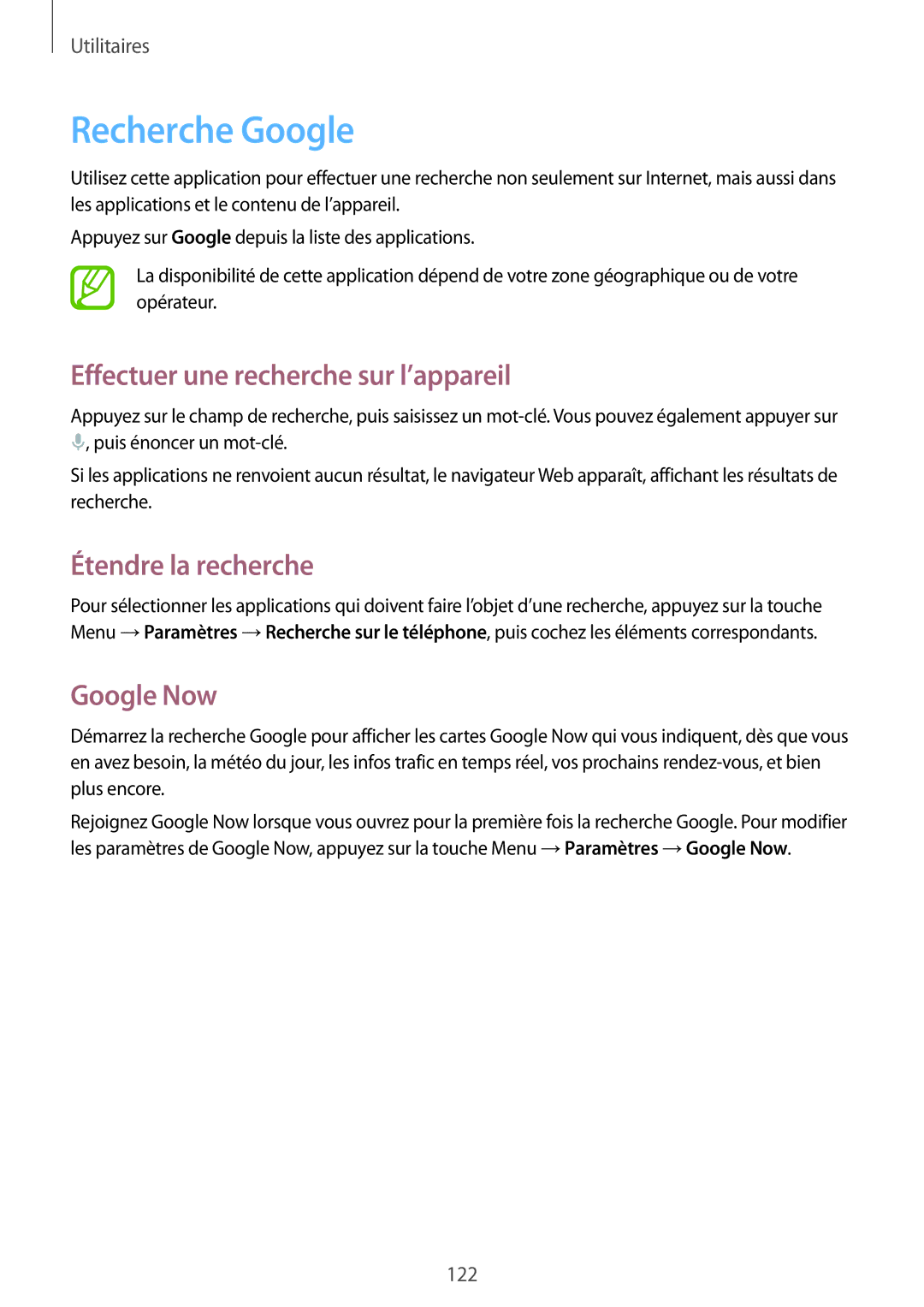 Samsung GT-I9295ZAAXEF manual Recherche Google, Effectuer une recherche sur l’appareil, Étendre la recherche, Google Now 