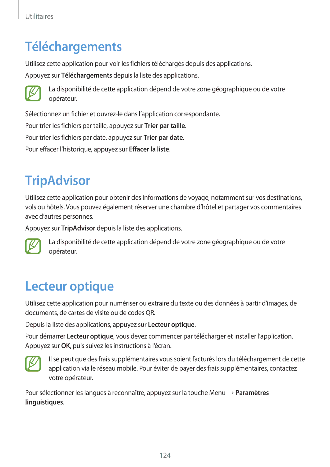 Samsung GT-I9295ZAAXEF manual Téléchargements, TripAdvisor, Lecteur optique 