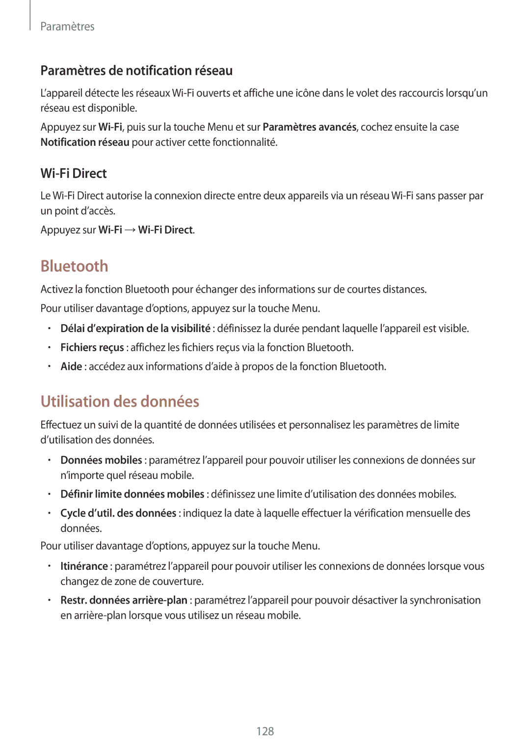 Samsung GT-I9295ZAAXEF manual Bluetooth, Utilisation des données, Paramètres de notification réseau, Wi-Fi Direct 