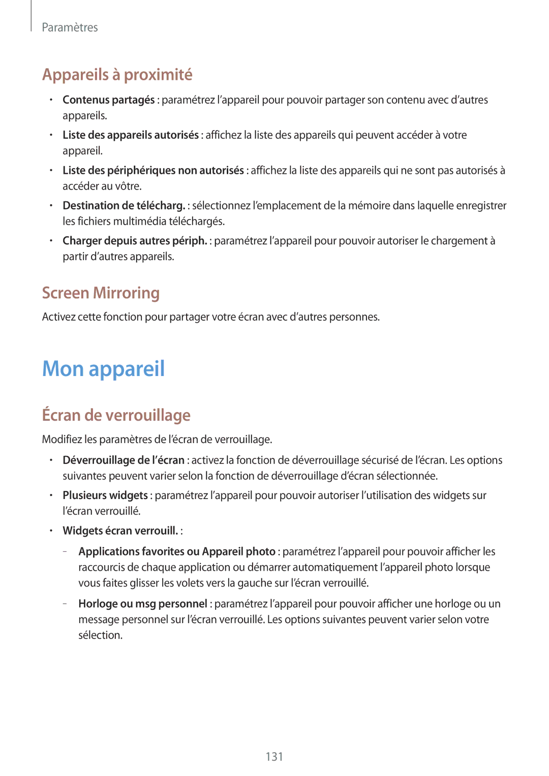 Samsung GT-I9295ZAAXEF manual Mon appareil, Appareils à proximité, Screen Mirroring, Écran de verrouillage 