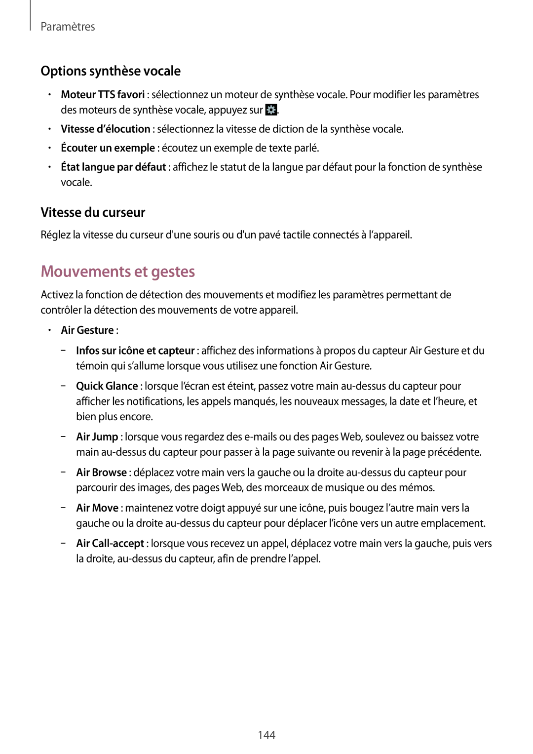 Samsung GT-I9295ZAAXEF manual Mouvements et gestes, Options synthèse vocale, Vitesse du curseur, Air Gesture 