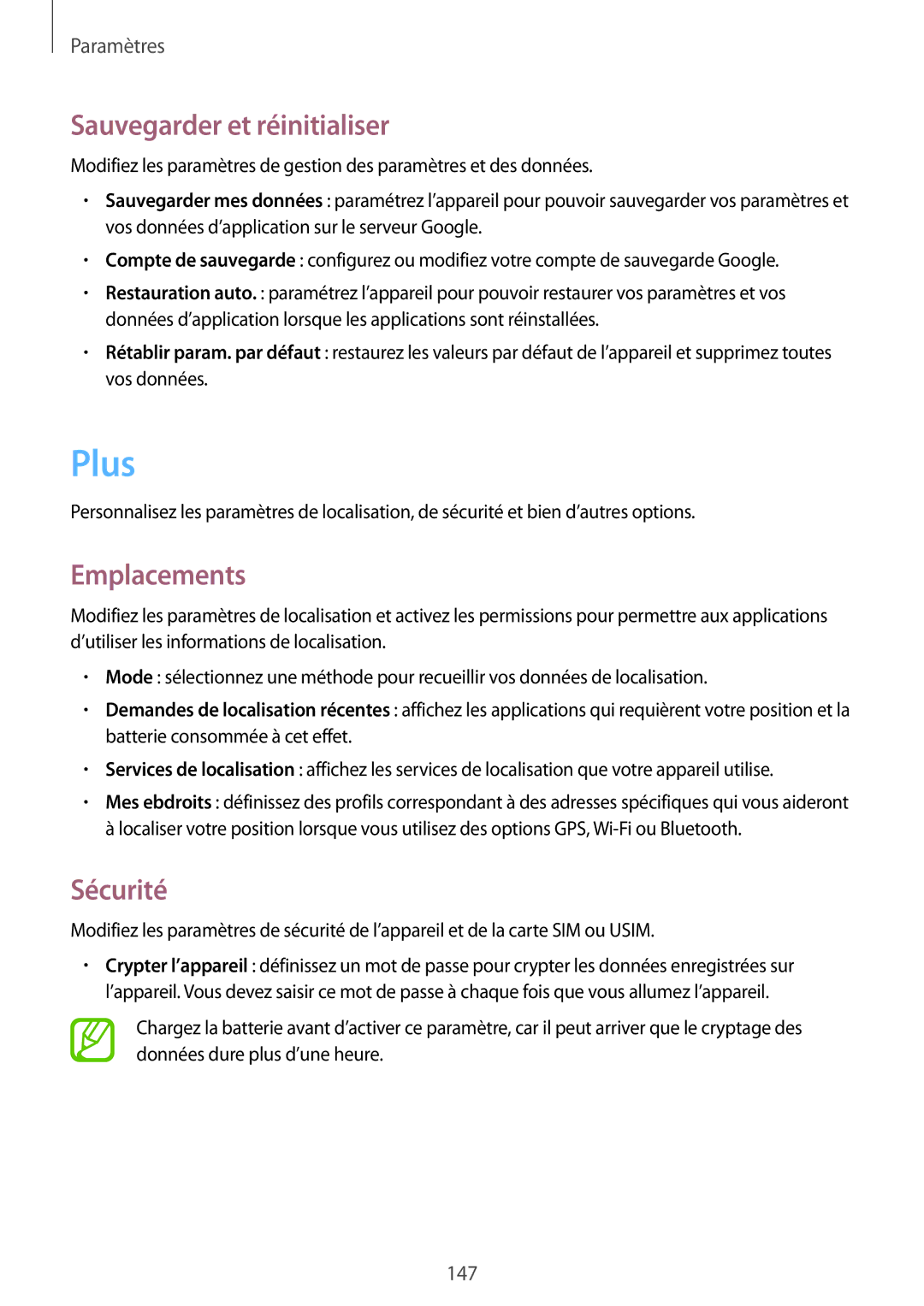 Samsung GT-I9295ZAAXEF manual Plus, Sauvegarder et réinitialiser, Emplacements, Sécurité 
