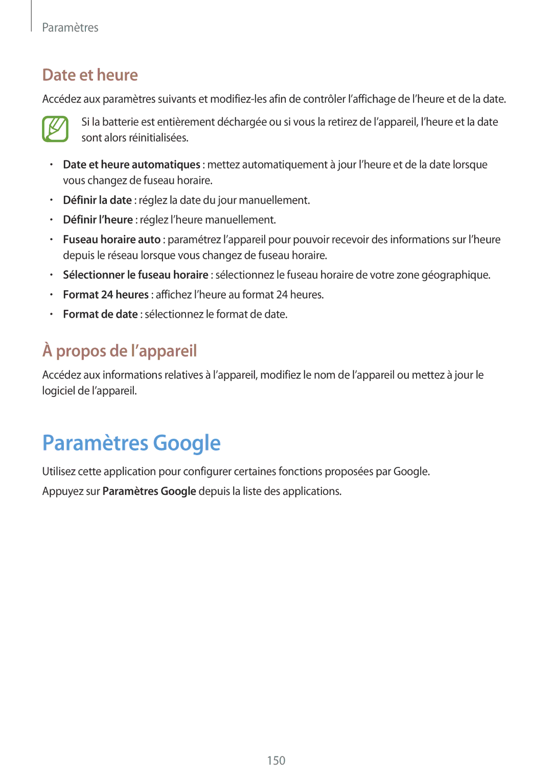 Samsung GT-I9295ZAAXEF manual Paramètres Google, Date et heure, Propos de l’appareil 