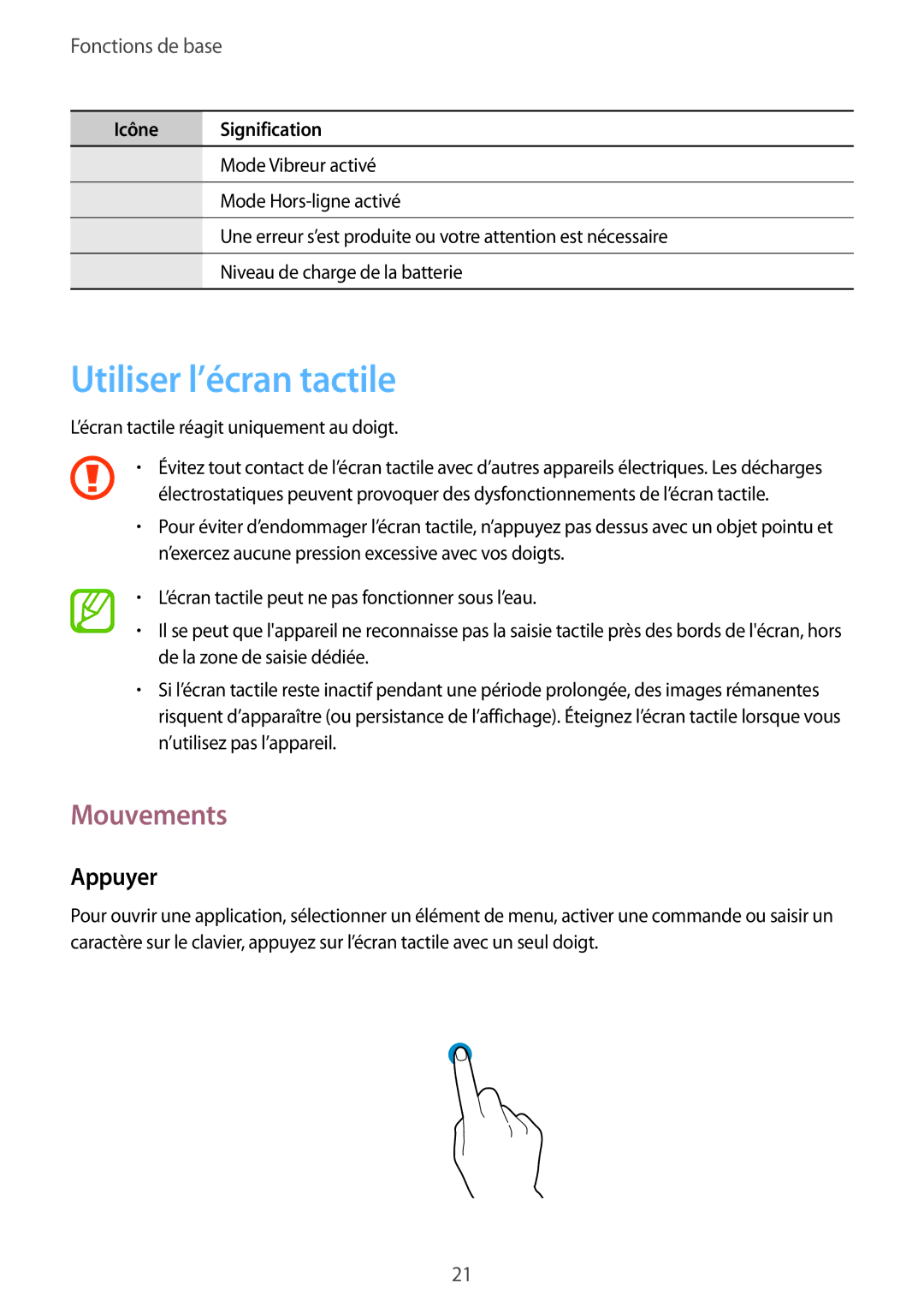 Samsung GT-I9295ZAAXEF manual Utiliser l’écran tactile, Mouvements, Appuyer 