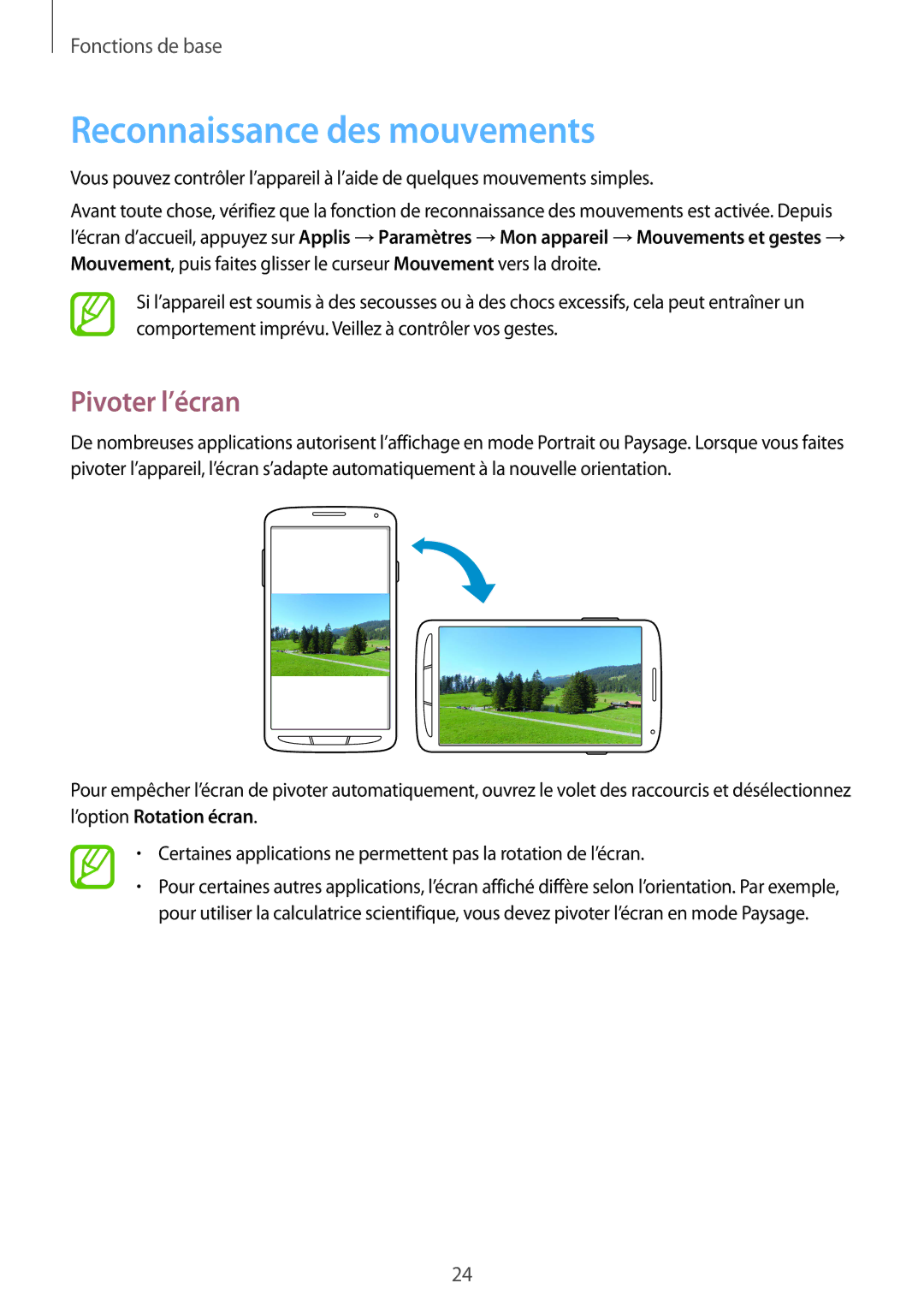 Samsung GT-I9295ZAAXEF manual Reconnaissance des mouvements, Pivoter l’écran 