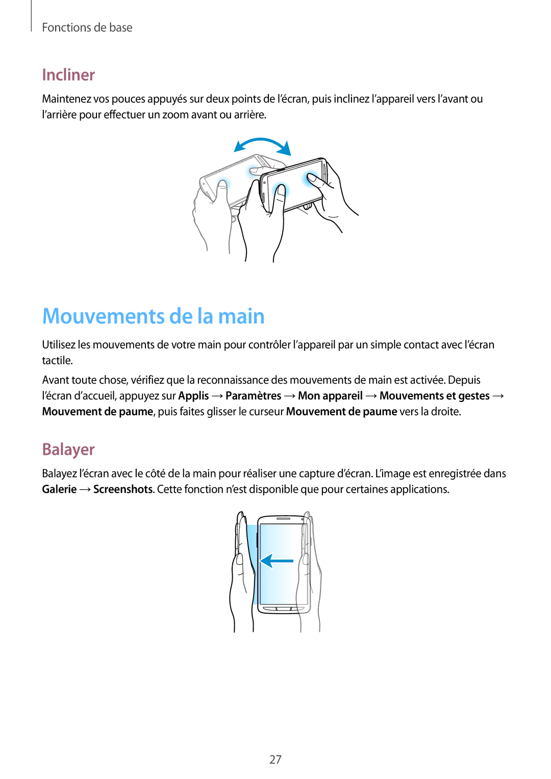 Samsung GT-I9295ZAAXEF manual Mouvements de la main, Incliner, Balayer 