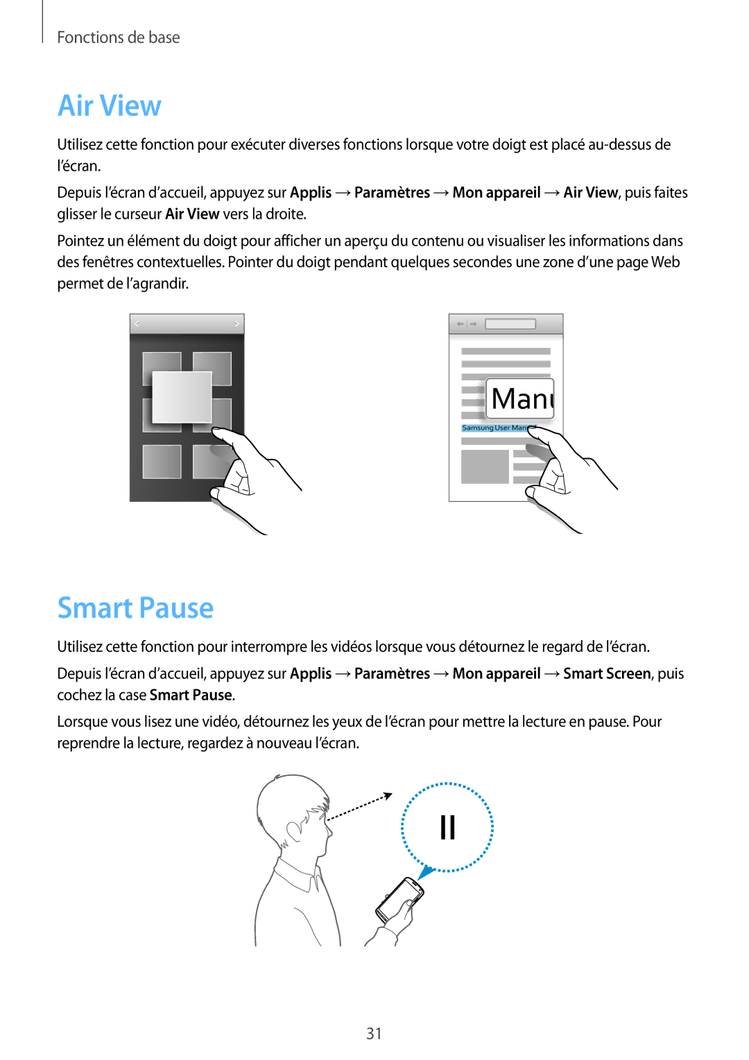 Samsung GT-I9295ZAAXEF manual Air View, Smart Pause 