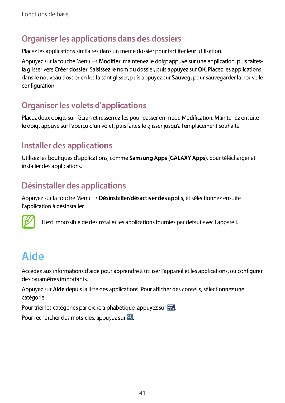 Samsung GT-I9295ZAAXEF manual Aide, Organiser les applications dans des dossiers, Installer des applications 