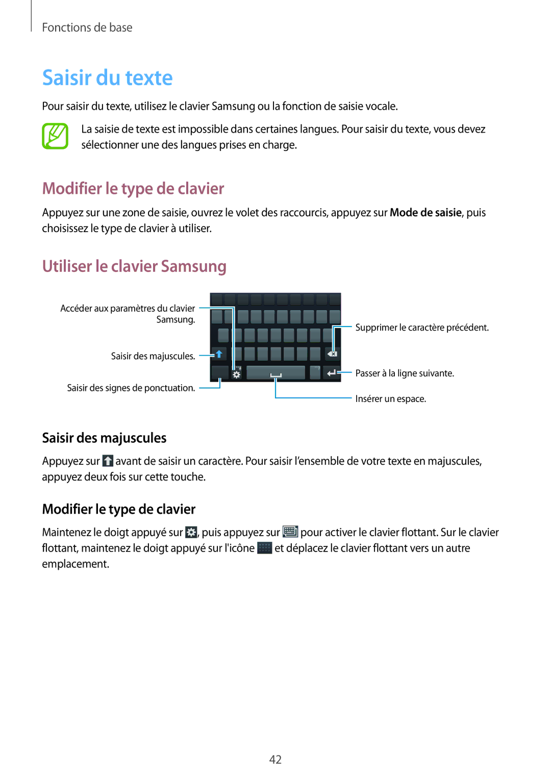 Samsung GT-I9295ZAAXEF Saisir du texte, Modifier le type de clavier, Utiliser le clavier Samsung, Saisir des majuscules 