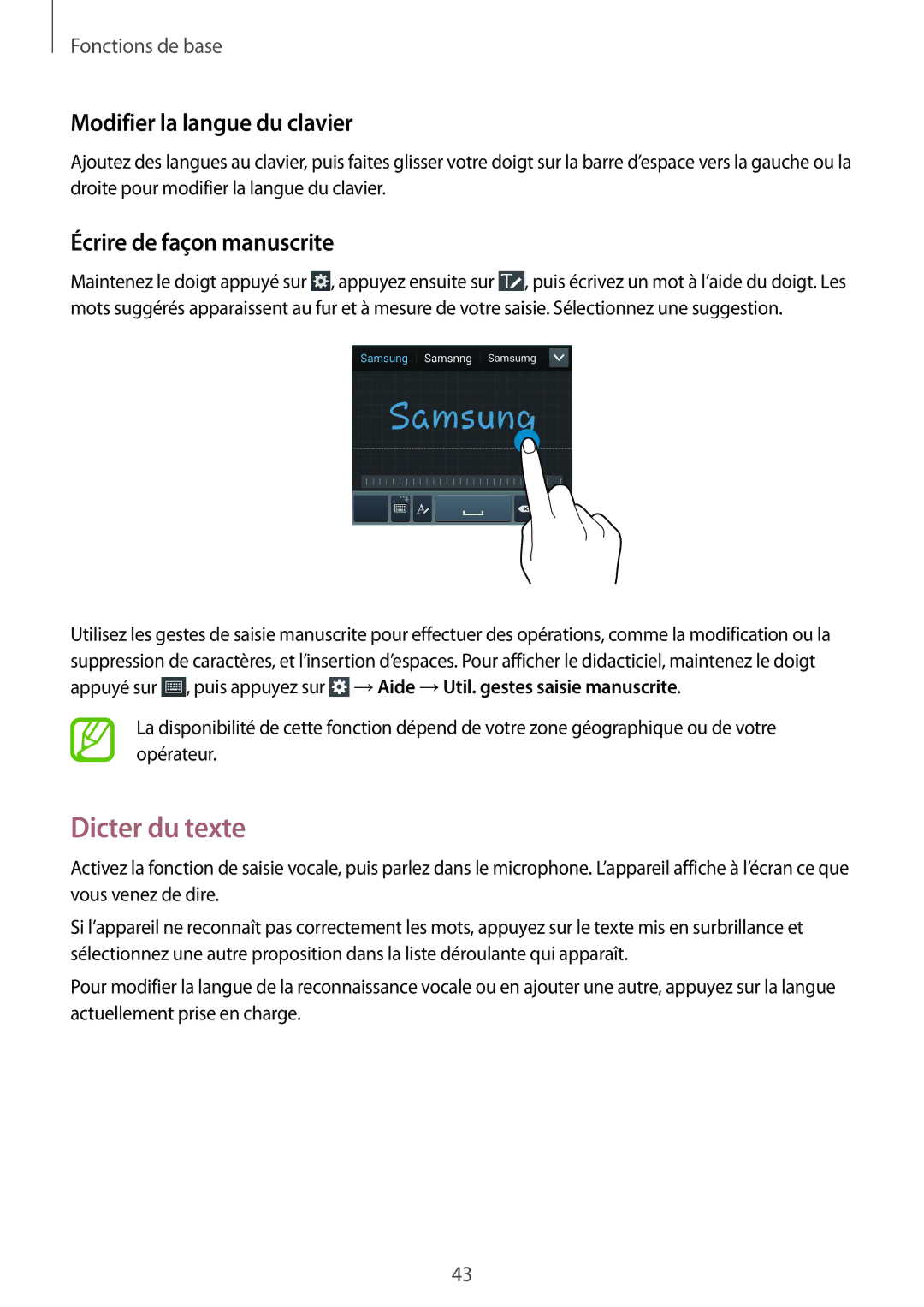 Samsung GT-I9295ZAAXEF manual Dicter du texte, Modifier la langue du clavier, Écrire de façon manuscrite 