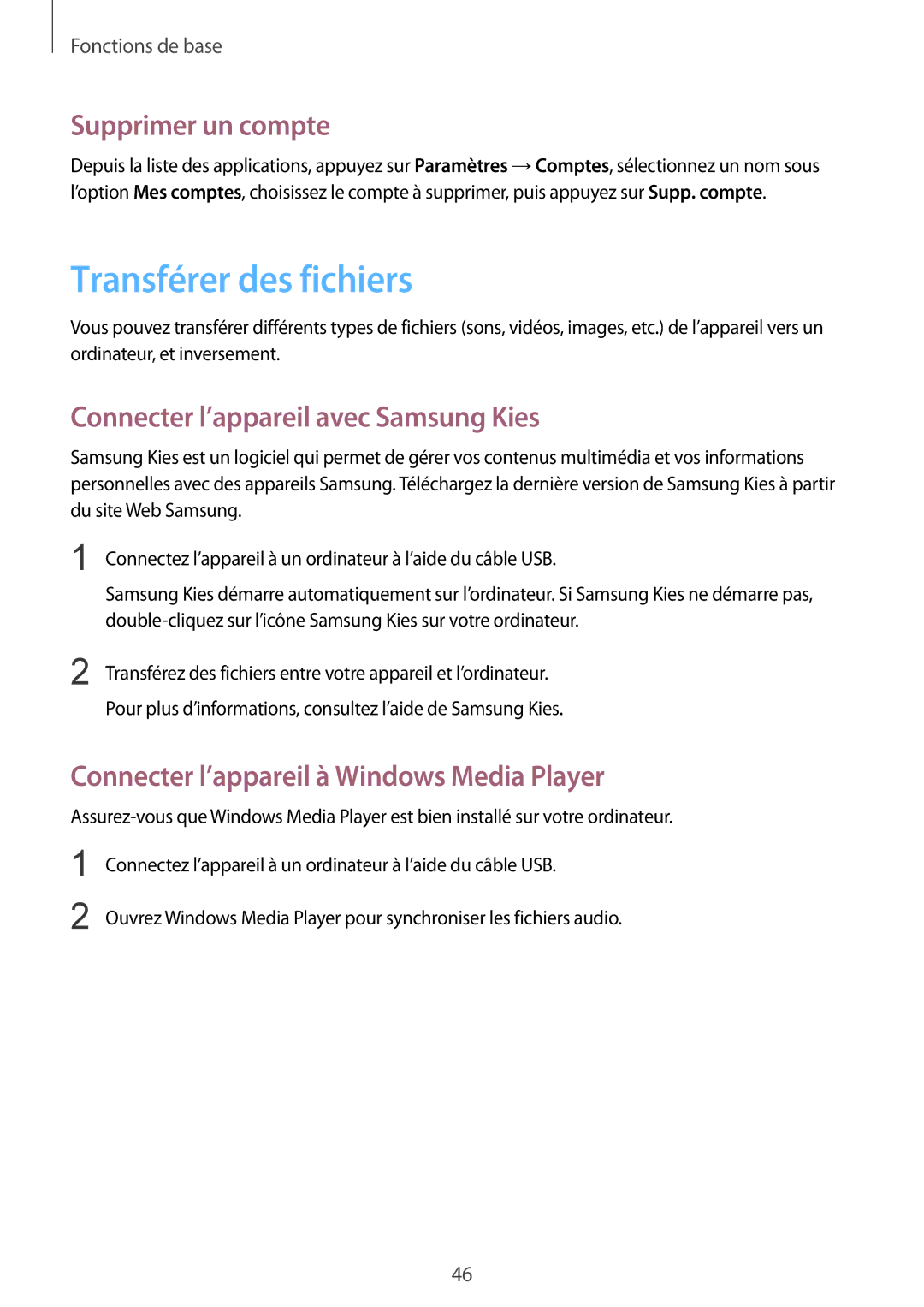 Samsung GT-I9295ZAAXEF manual Transférer des fichiers, Supprimer un compte, Connecter l’appareil avec Samsung Kies 