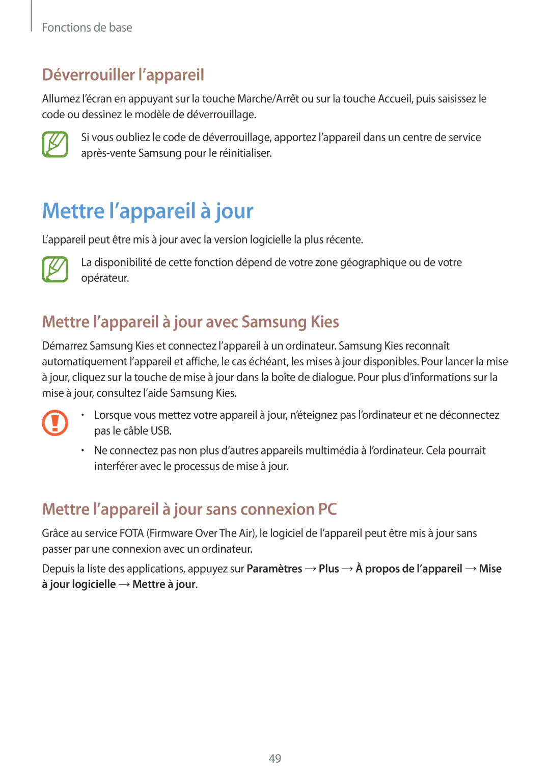 Samsung GT-I9295ZAAXEF manual Déverrouiller l’appareil, Mettre l’appareil à jour avec Samsung Kies 