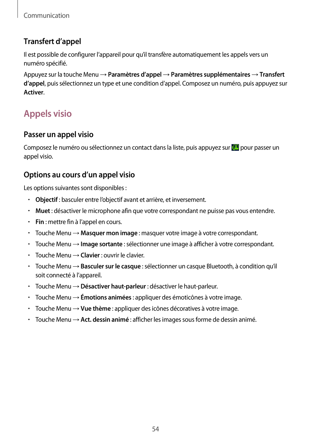 Samsung GT-I9295ZAAXEF manual Appels visio, Transfert d’appel, Passer un appel visio, Options au cours d’un appel visio 