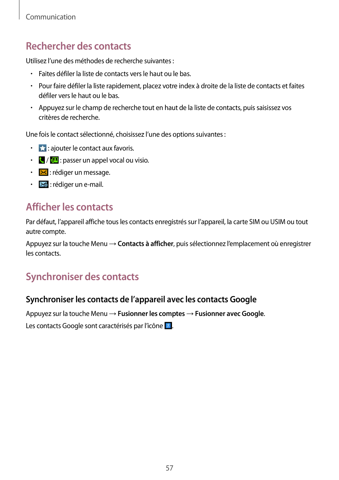 Samsung GT-I9295ZAAXEF manual Rechercher des contacts, Afficher les contacts, Synchroniser des contacts 