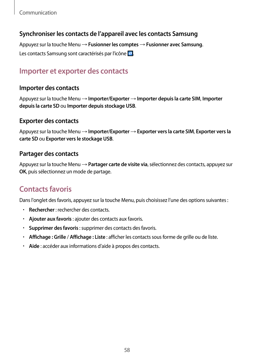 Samsung GT-I9295ZAAXEF Importer et exporter des contacts, Contacts favoris, Importer des contacts, Exporter des contacts 