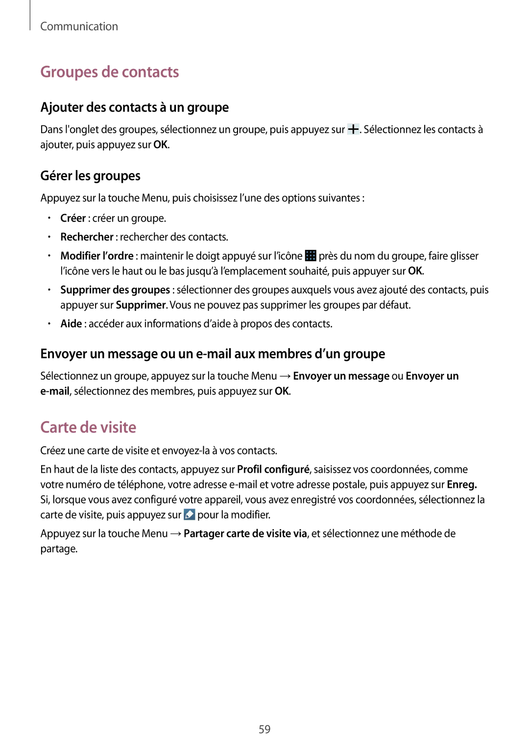 Samsung GT-I9295ZAAXEF manual Groupes de contacts, Carte de visite, Ajouter des contacts à un groupe, Gérer les groupes 