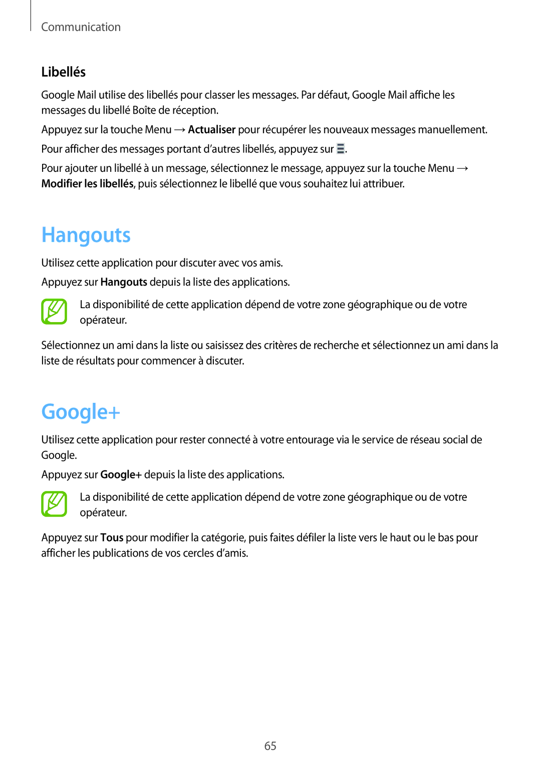 Samsung GT-I9295ZAAXEF manual Hangouts, Google+, Libellés 