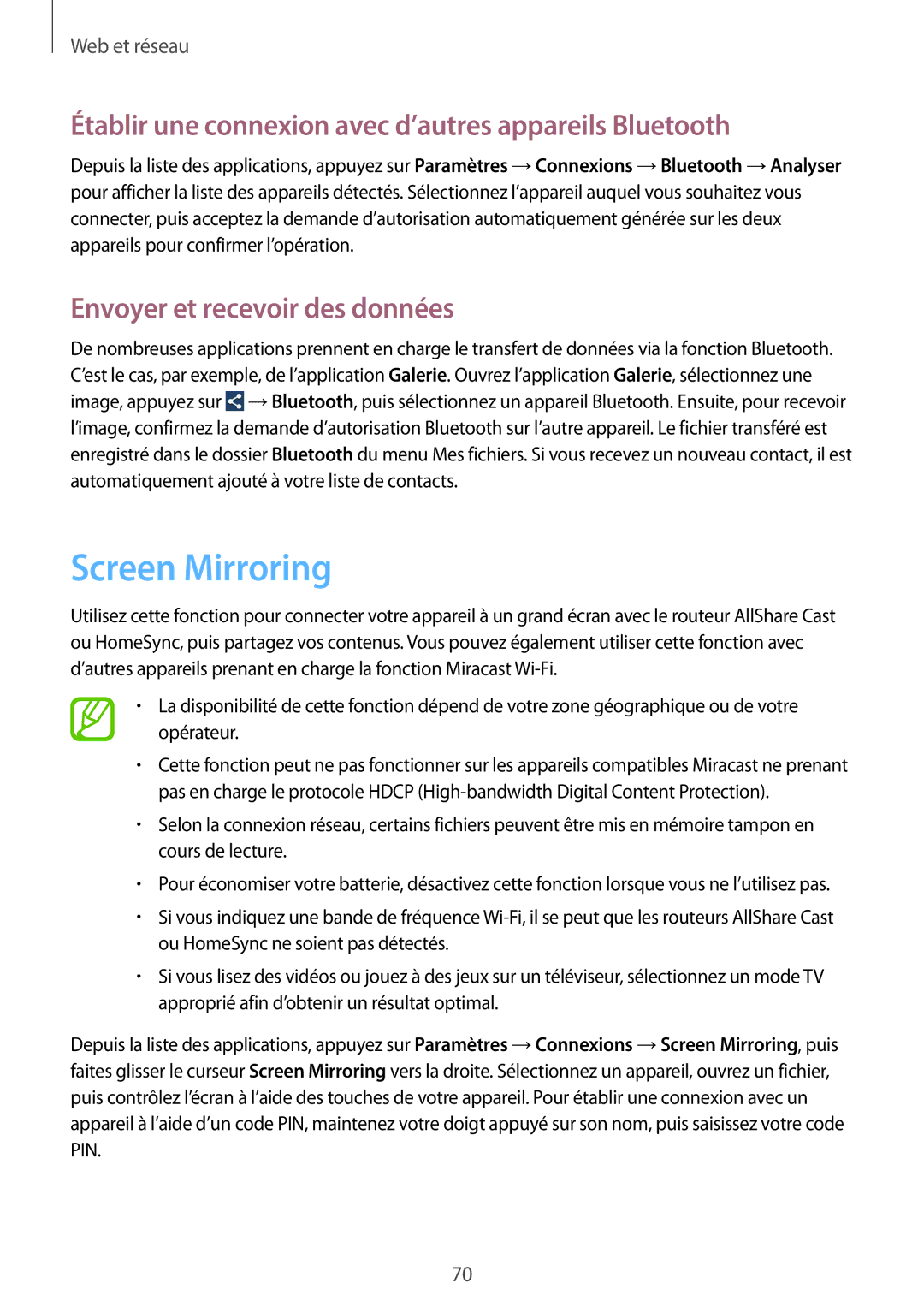 Samsung GT-I9295ZAAXEF manual Screen Mirroring, Établir une connexion avec d’autres appareils Bluetooth 