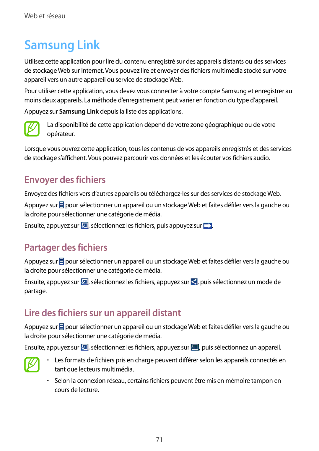 Samsung GT-I9295ZAAXEF manual Samsung Link, Envoyer des fichiers, Lire des fichiers sur un appareil distant 
