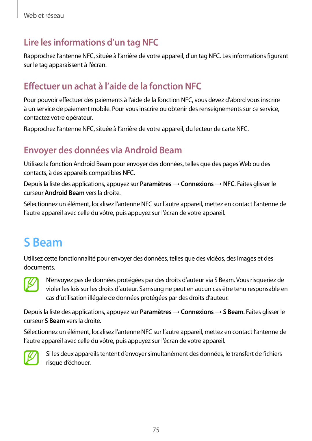 Samsung GT-I9295ZAAXEF manual Beam, Lire les informations d’un tag NFC, Effectuer un achat à l’aide de la fonction NFC 