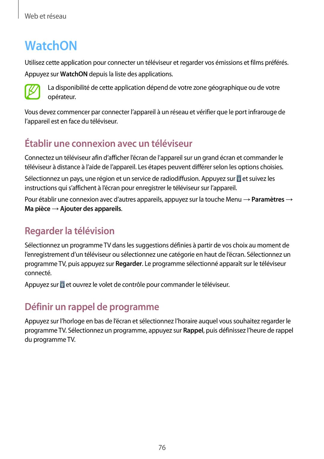 Samsung GT-I9295ZAAXEF manual WatchON, Établir une connexion avec un téléviseur, Regarder la télévision 
