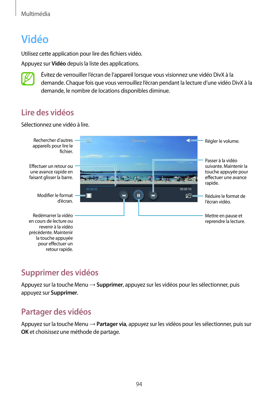 Samsung GT-I9295ZAAXEF manual Vidéo, Supprimer des vidéos, Partager des vidéos 