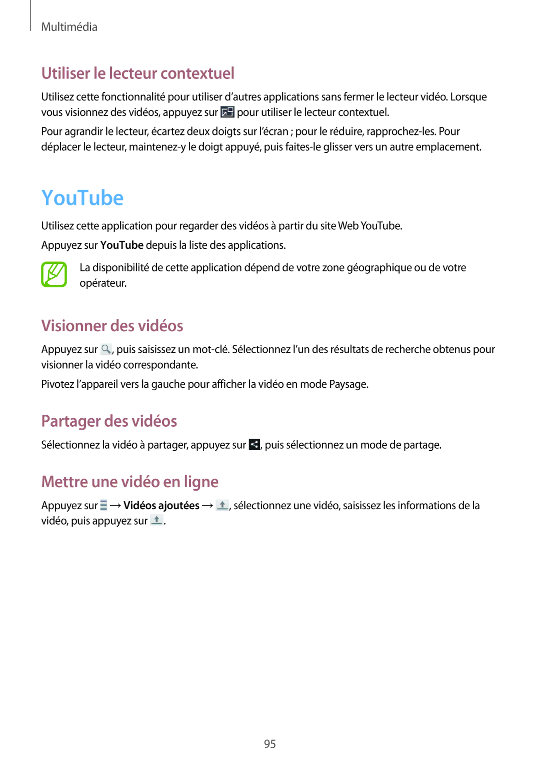 Samsung GT-I9295ZAAXEF manual YouTube, Utiliser le lecteur contextuel, Visionner des vidéos, Mettre une vidéo en ligne 