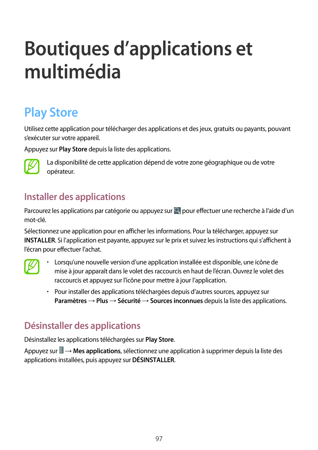 Samsung GT-I9295ZAAXEF manual Boutiques d’applications et multimédia, Play Store 
