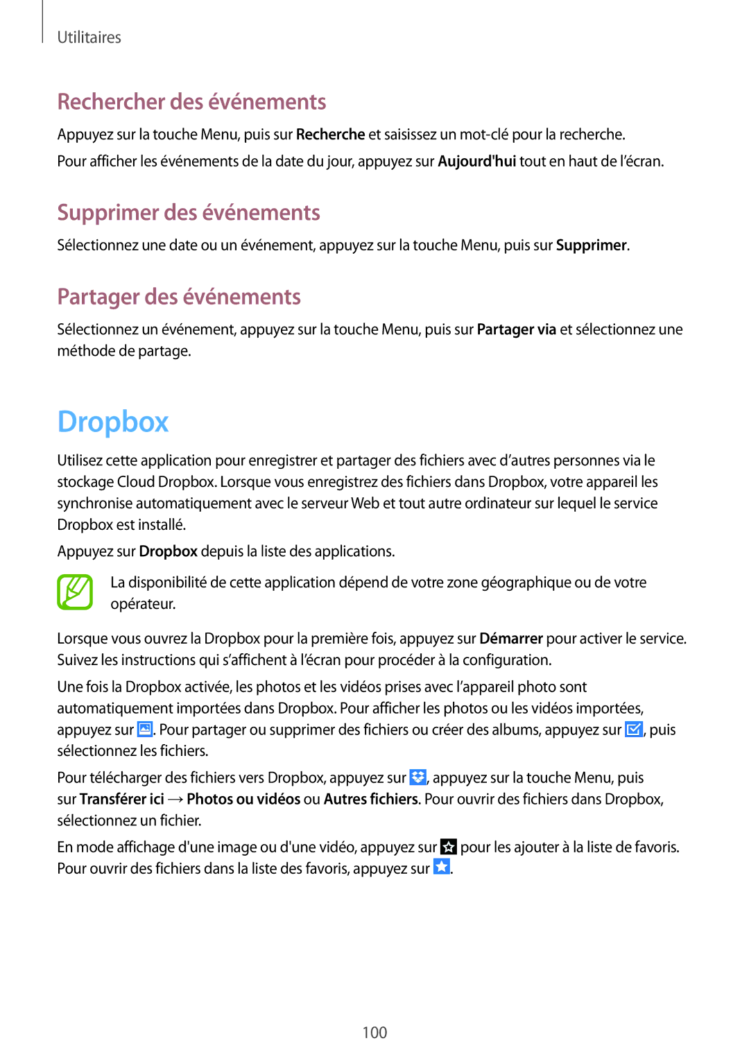 Samsung GT-I9295ZAAXEF manual Dropbox, Rechercher des événements, Supprimer des événements, Partager des événements 