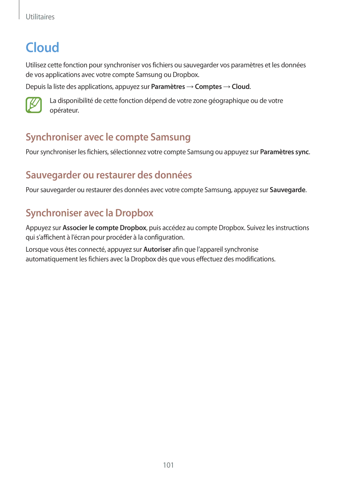 Samsung GT-I9295ZAAXEF manual Cloud, Synchroniser avec le compte Samsung, Sauvegarder ou restaurer des données 