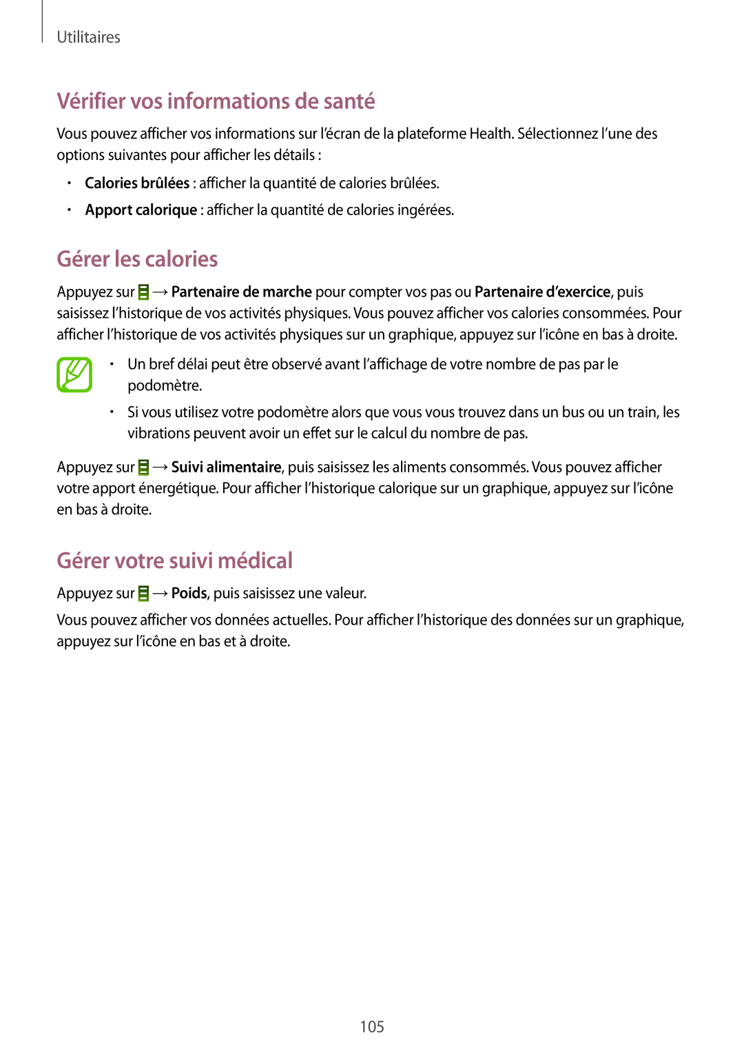 Samsung GT-I9295ZAAXEF manual Vérifier vos informations de santé, Gérer les calories, Gérer votre suivi médical 