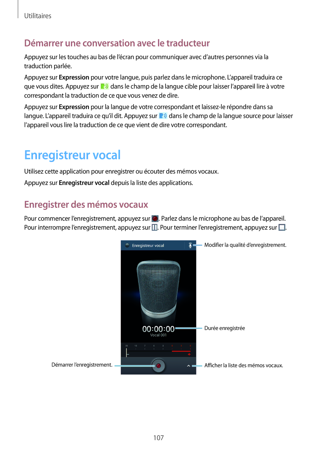 Samsung GT-I9295ZAAXEF Enregistreur vocal, Démarrer une conversation avec le traducteur, Enregistrer des mémos vocaux 