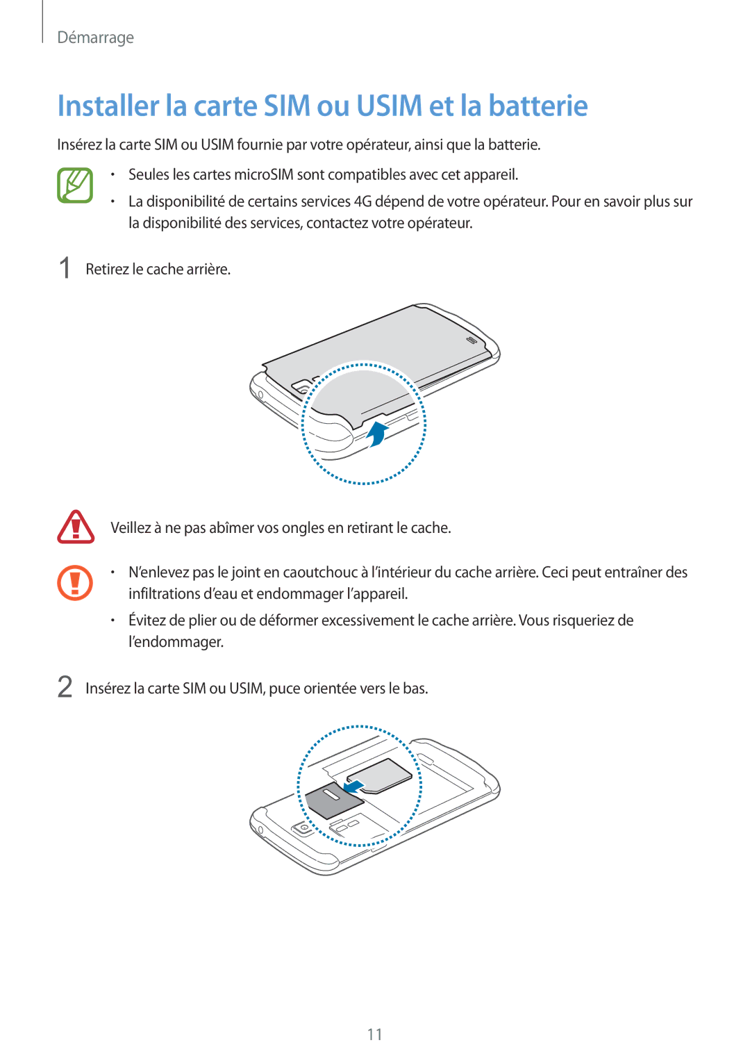 Samsung GT-I9295ZAAXEF manual Installer la carte SIM ou Usim et la batterie 