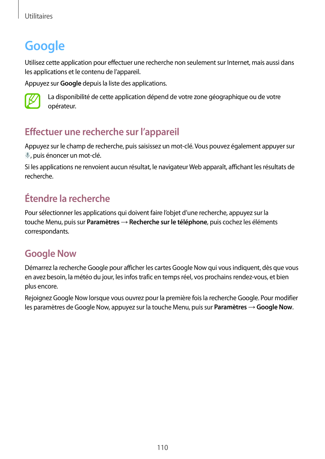 Samsung GT-I9295ZAAXEF manual Effectuer une recherche sur l’appareil, Étendre la recherche, Google Now 