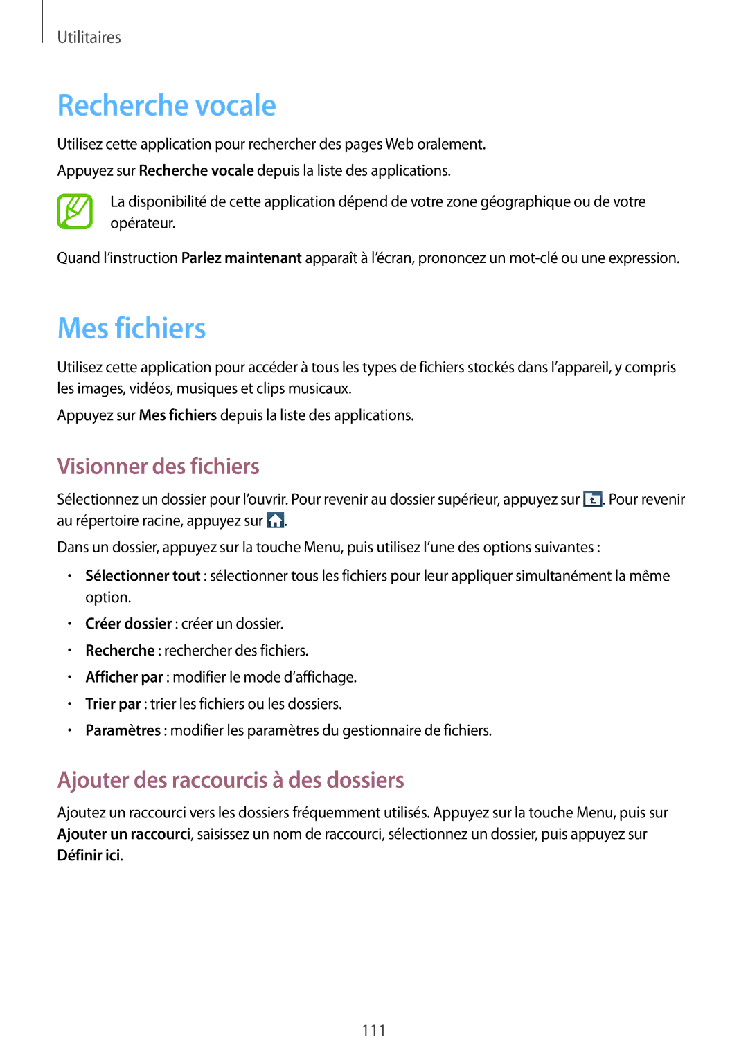 Samsung GT-I9295ZAAXEF manual Recherche vocale, Mes fichiers, Visionner des fichiers, Ajouter des raccourcis à des dossiers 