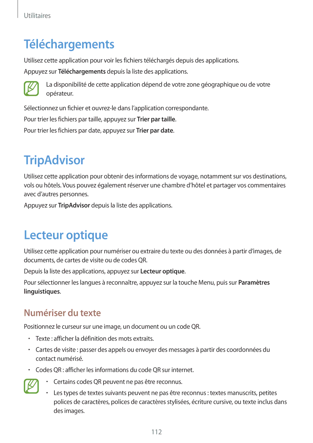 Samsung GT-I9295ZAAXEF manual Téléchargements, TripAdvisor, Lecteur optique, Numériser du texte 