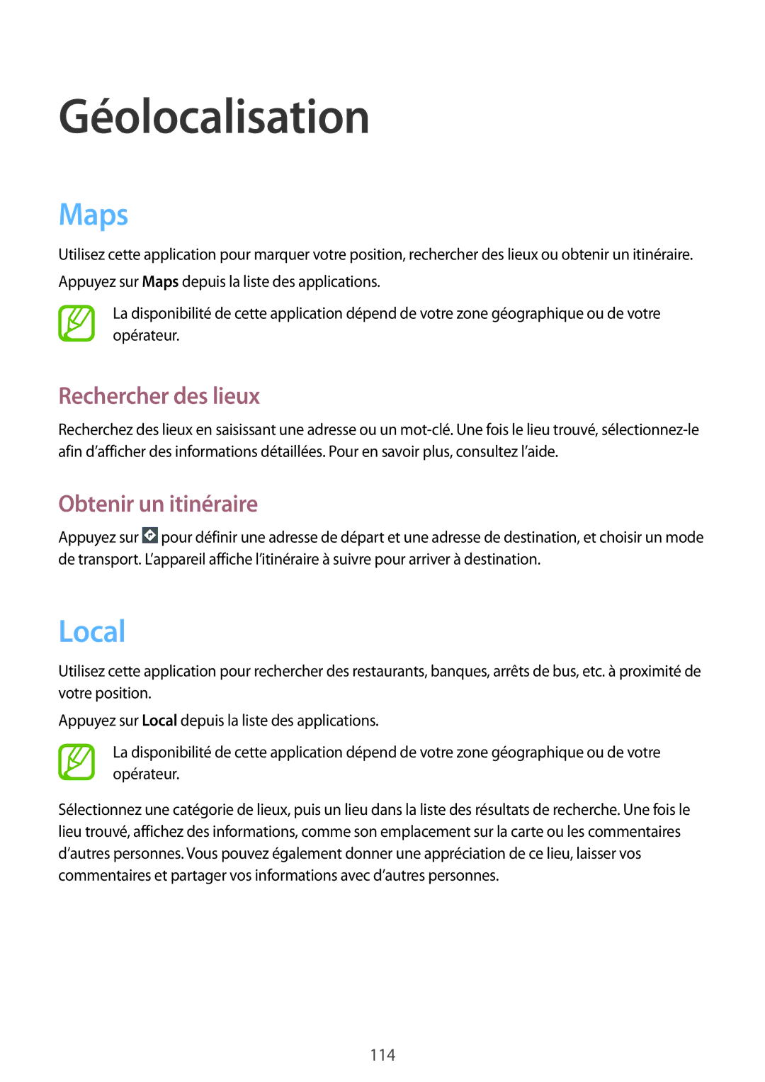 Samsung GT-I9295ZAAXEF manual Maps, Local, Rechercher des lieux, Obtenir un itinéraire 