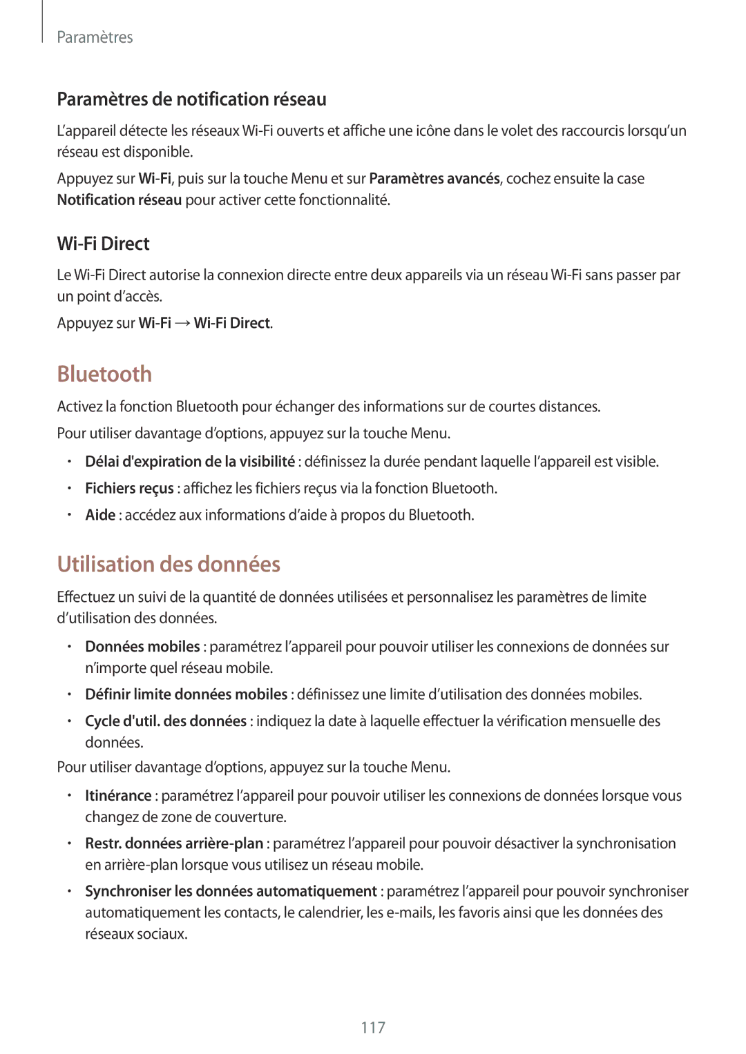 Samsung GT-I9295ZAAXEF manual Bluetooth, Utilisation des données, Paramètres de notification réseau, Wi-Fi Direct 