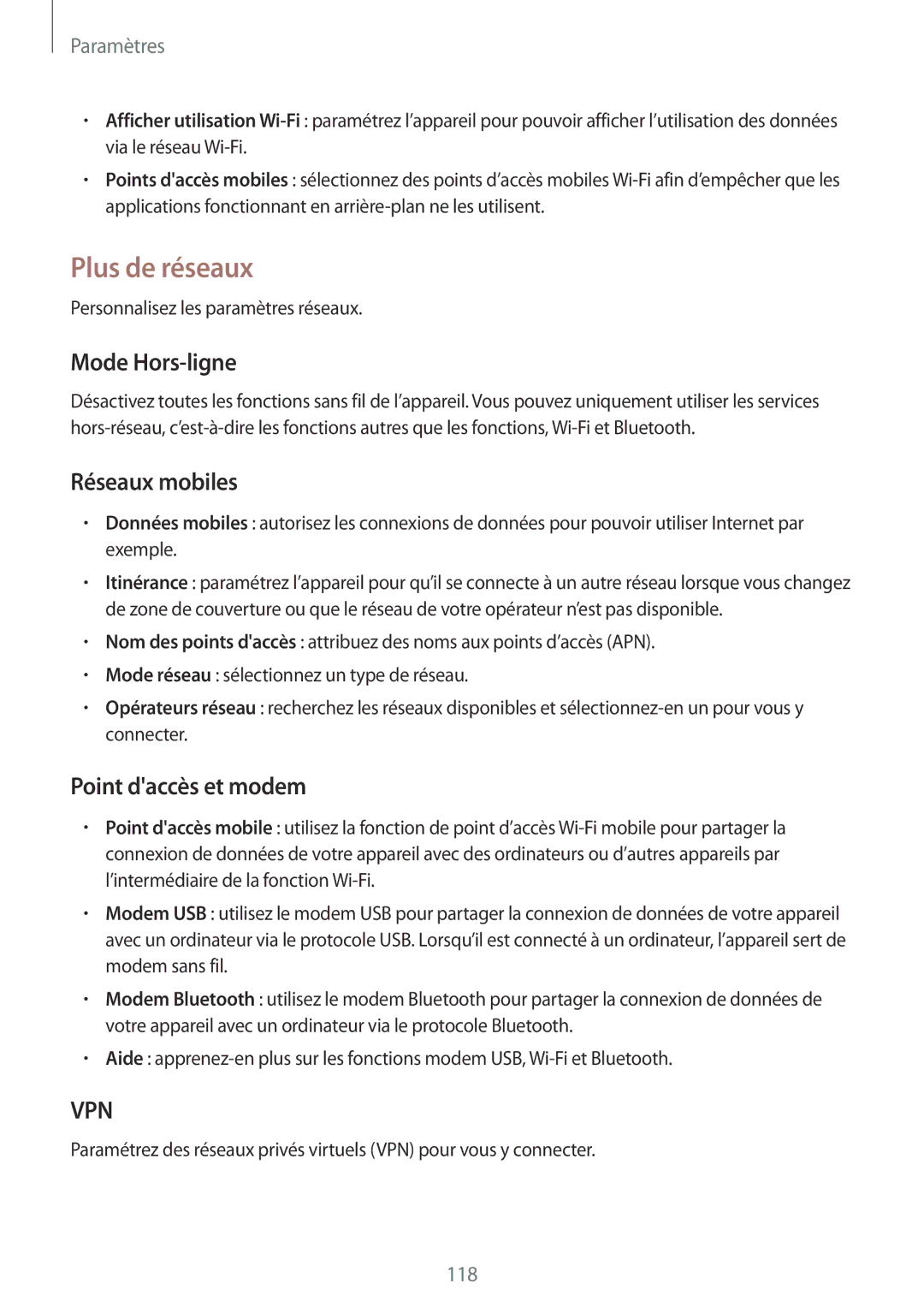 Samsung GT-I9295ZAAXEF manual Plus de réseaux, Mode Hors-ligne, Réseaux mobiles, Point daccès et modem 