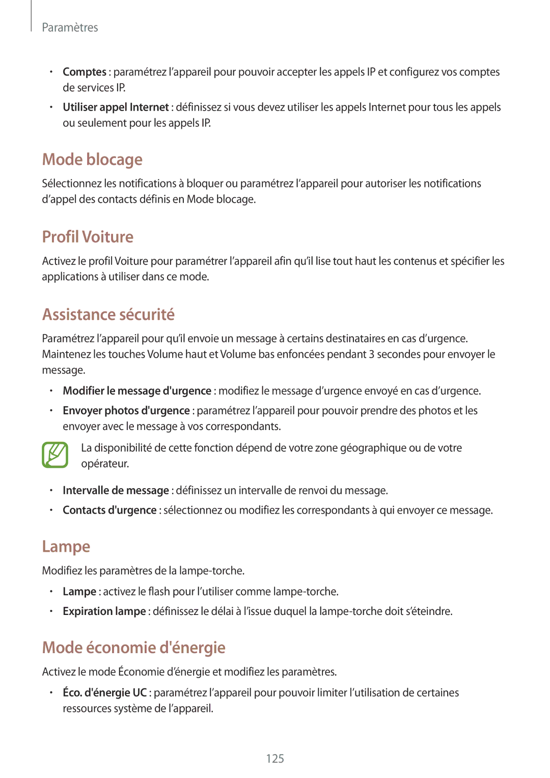 Samsung GT-I9295ZAAXEF manual Mode blocage, Assistance sécurité, Lampe, Mode économie dénergie 