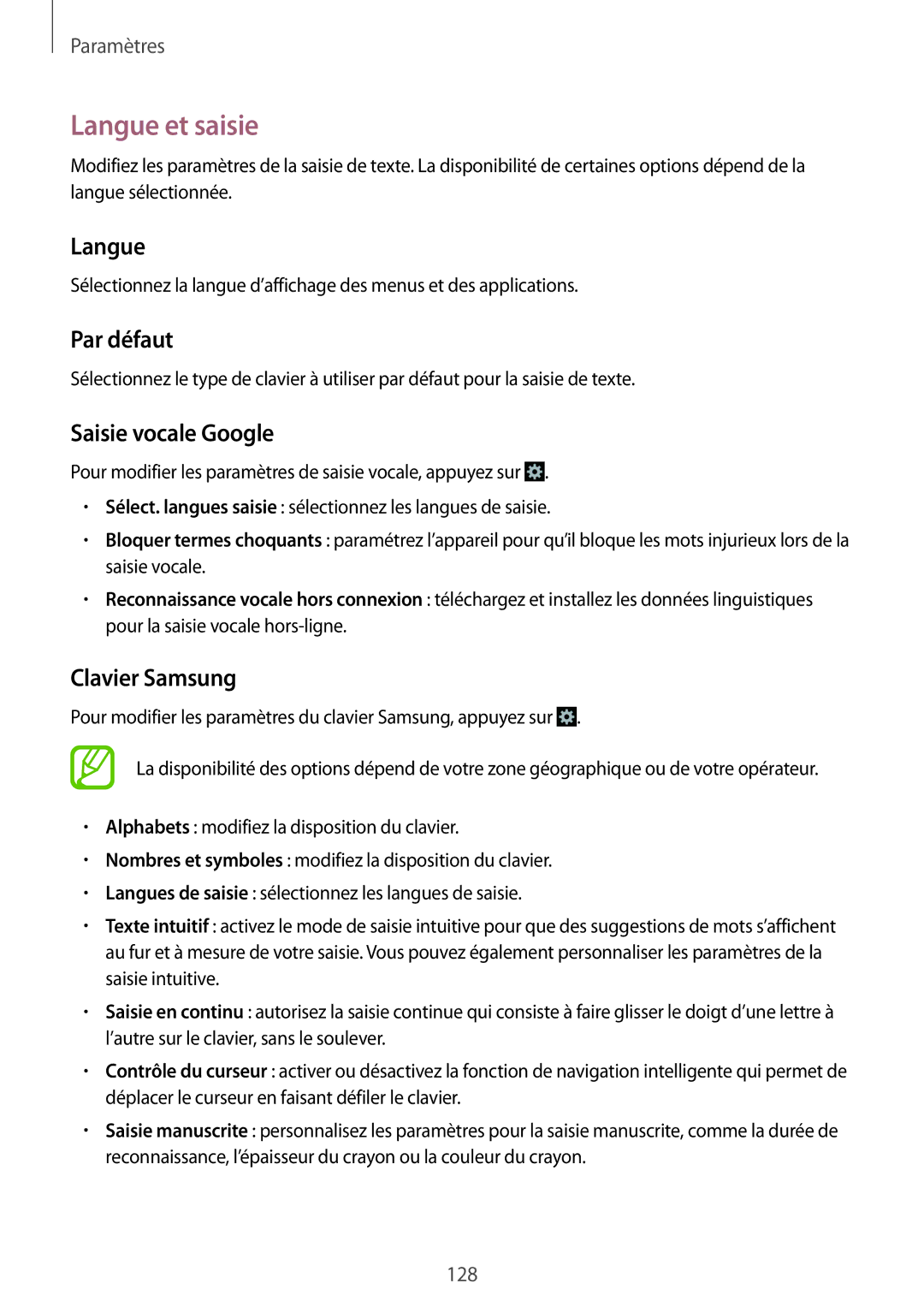 Samsung GT-I9295ZAAXEF manual Langue et saisie, Par défaut, Saisie vocale Google, Clavier Samsung 