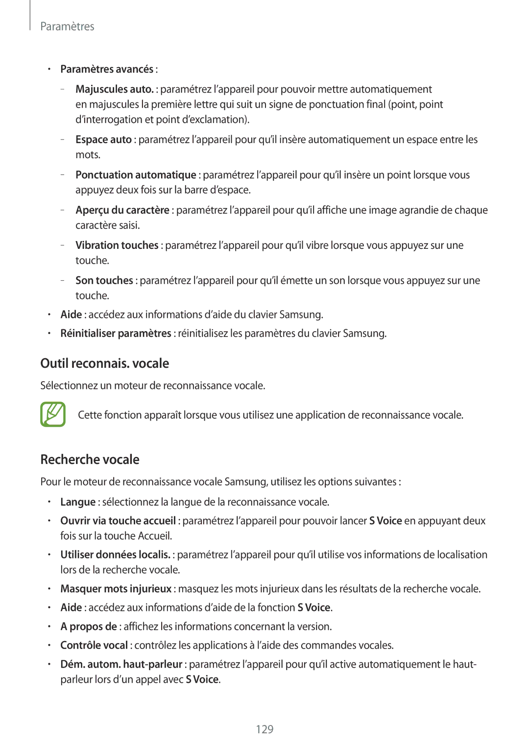 Samsung GT-I9295ZAAXEF manual Outil reconnais. vocale, Recherche vocale, Paramètres avancés 