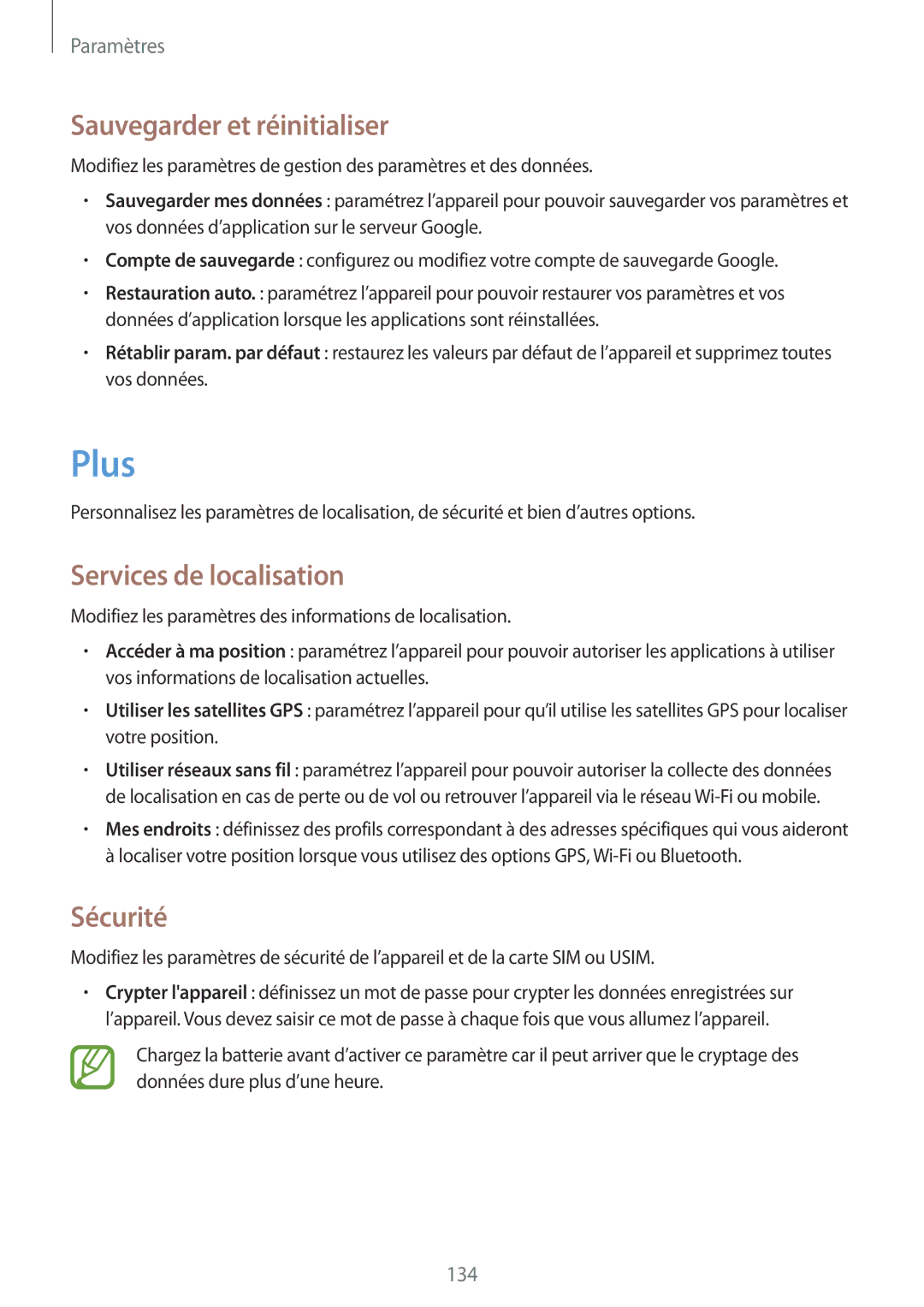 Samsung GT-I9295ZAAXEF manual Plus, Sauvegarder et réinitialiser, Services de localisation, Sécurité 