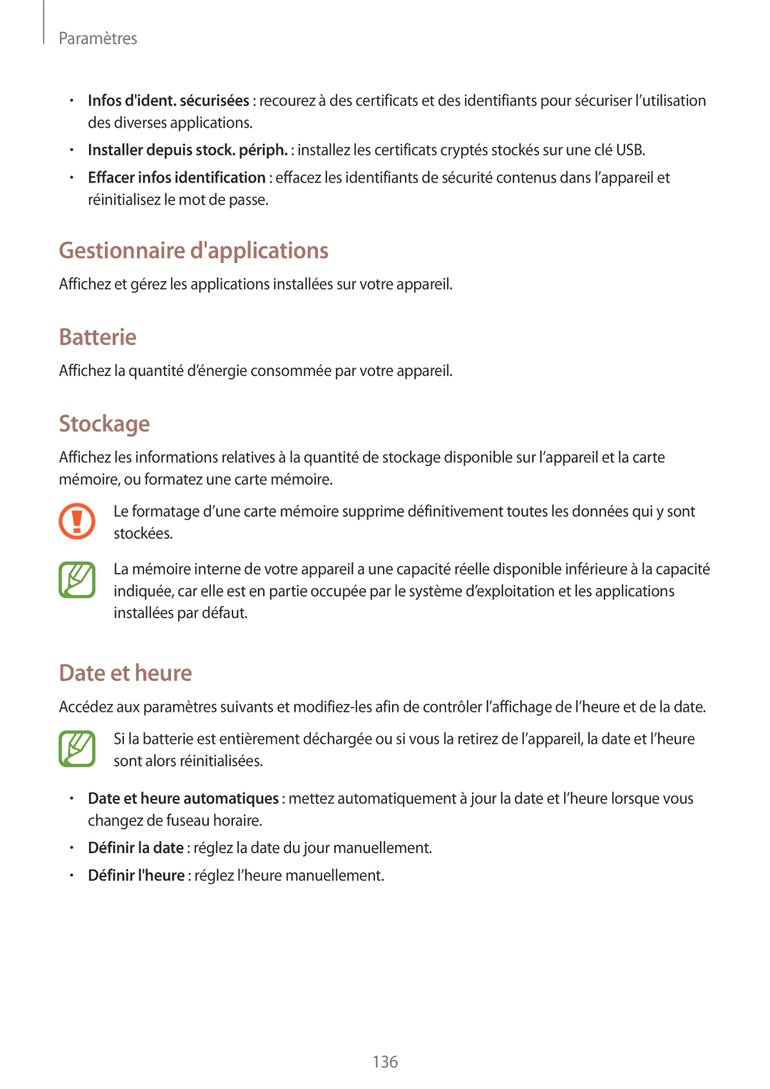 Samsung GT-I9295ZAAXEF manual Gestionnaire dapplications, Batterie, Stockage, Date et heure 